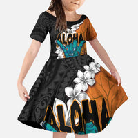 Hawaiian Halloween Family Matching Short Sleeve Bodycon Dress and Hawaiian Shirt Horror Shaka Hand with Plumeria and Polynesian Tattoo Autumn Color LT03 Daughter's Dress Orange - Polynesian Pride