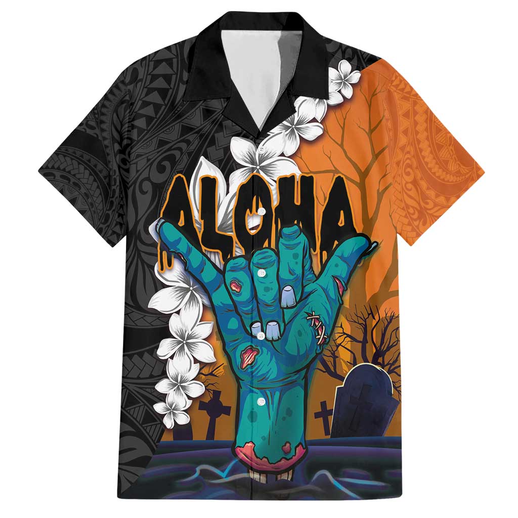 Hawaiian Halloween Family Matching Short Sleeve Bodycon Dress and Hawaiian Shirt Horror Shaka Hand with Plumeria and Polynesian Tattoo Autumn Color LT03 Dad's Shirt - Short Sleeve Orange - Polynesian Pride