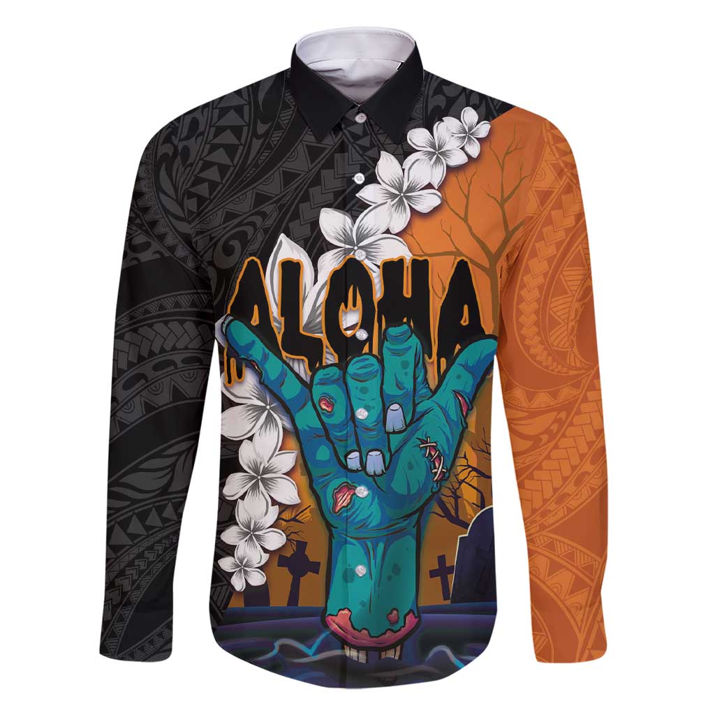 Hawaiian Halloween Family Matching Short Sleeve Bodycon Dress and Hawaiian Shirt Horror Shaka Hand with Plumeria and Polynesian Tattoo Autumn Color LT03 Dad's Shirt - Long Sleeve Orange - Polynesian Pride