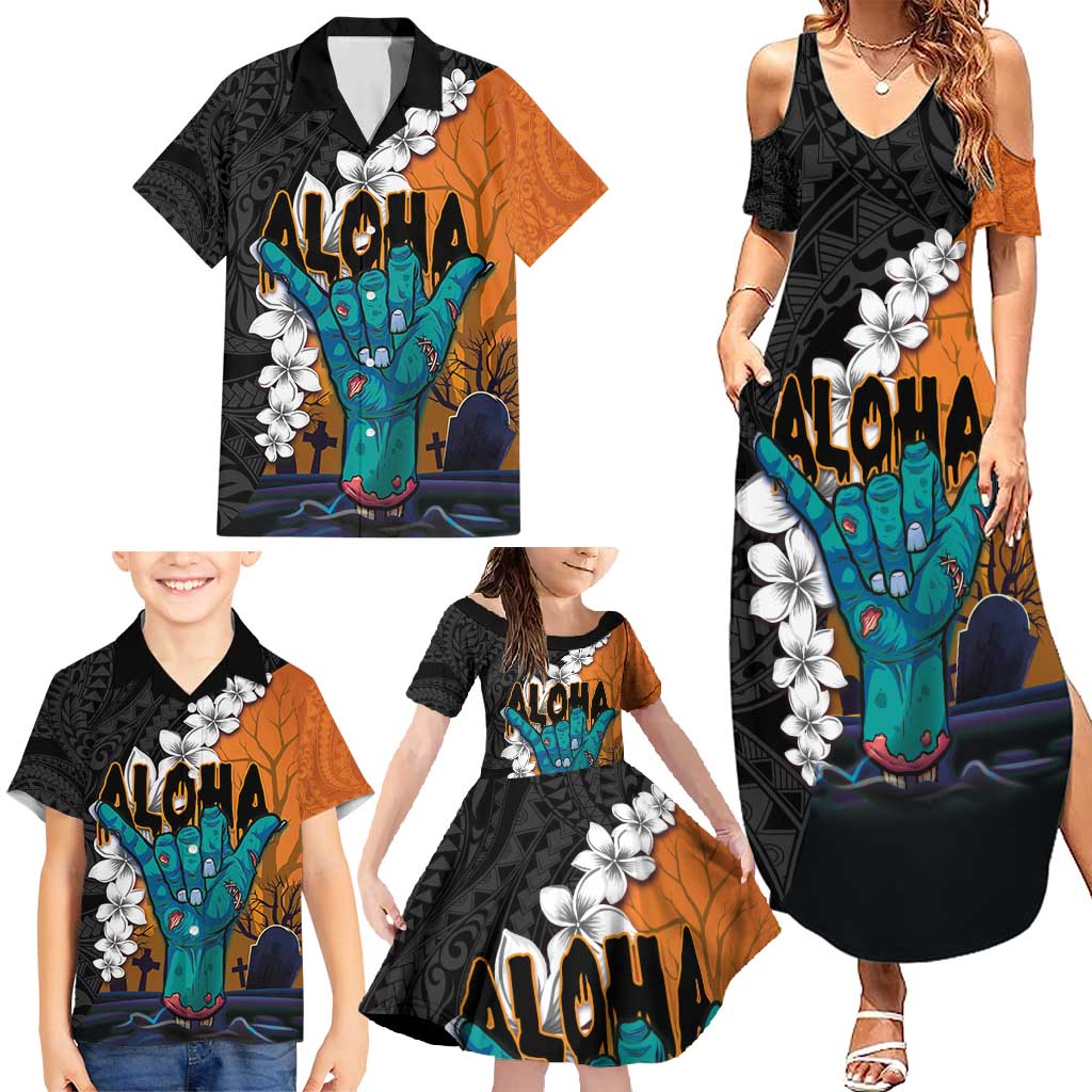 Hawaiian Halloween Family Matching Summer Maxi Dress and Hawaiian Shirt Horror Shaka Hand with Plumeria and Polynesian Tattoo Autumn Color LT03 - Polynesian Pride
