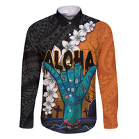 Hawaiian Halloween Family Matching Summer Maxi Dress and Hawaiian Shirt Horror Shaka Hand with Plumeria and Polynesian Tattoo Autumn Color LT03 Dad's Shirt - Long Sleeve Orange - Polynesian Pride