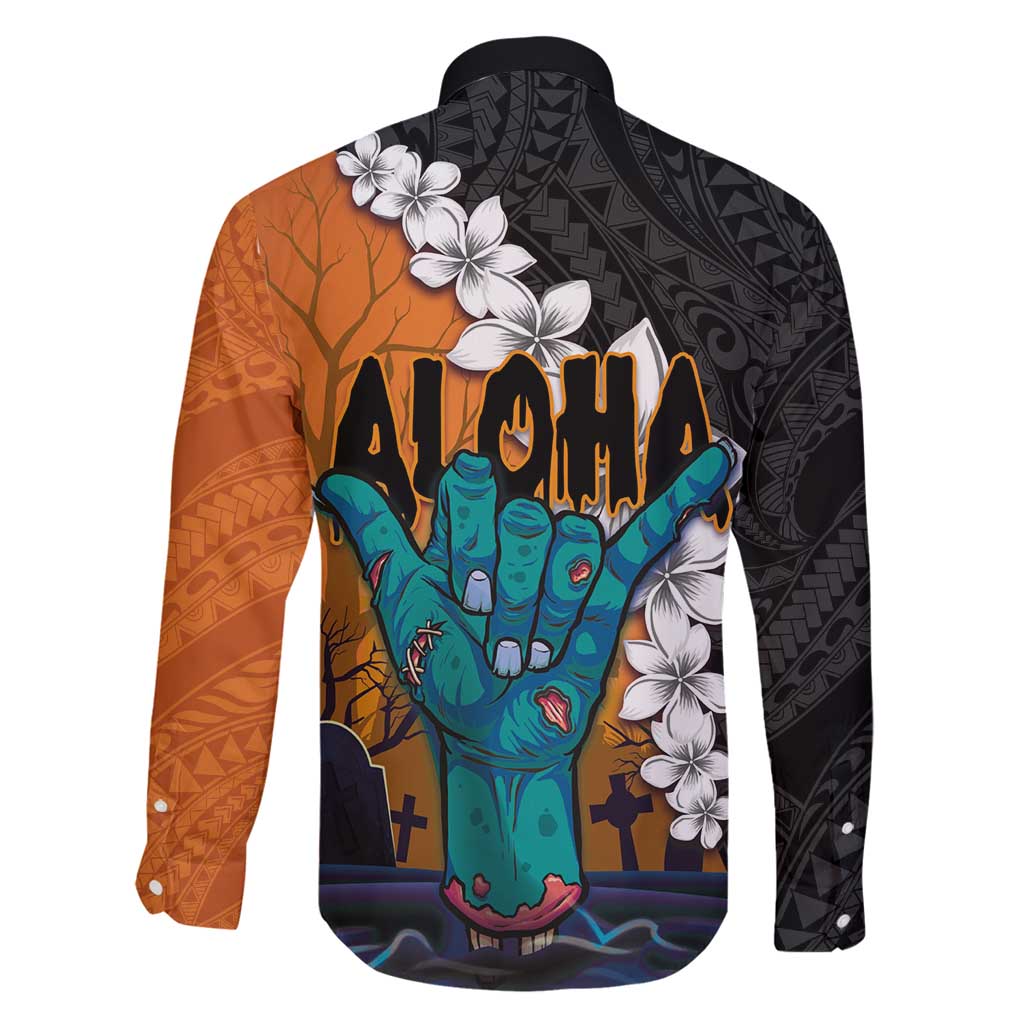 Hawaiian Halloween Family Matching Summer Maxi Dress and Hawaiian Shirt Horror Shaka Hand with Plumeria and Polynesian Tattoo Autumn Color LT03 - Polynesian Pride