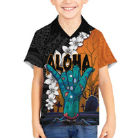 Hawaiian Halloween Family Matching Summer Maxi Dress and Hawaiian Shirt Horror Shaka Hand with Plumeria and Polynesian Tattoo Autumn Color LT03 Son's Shirt Orange - Polynesian Pride