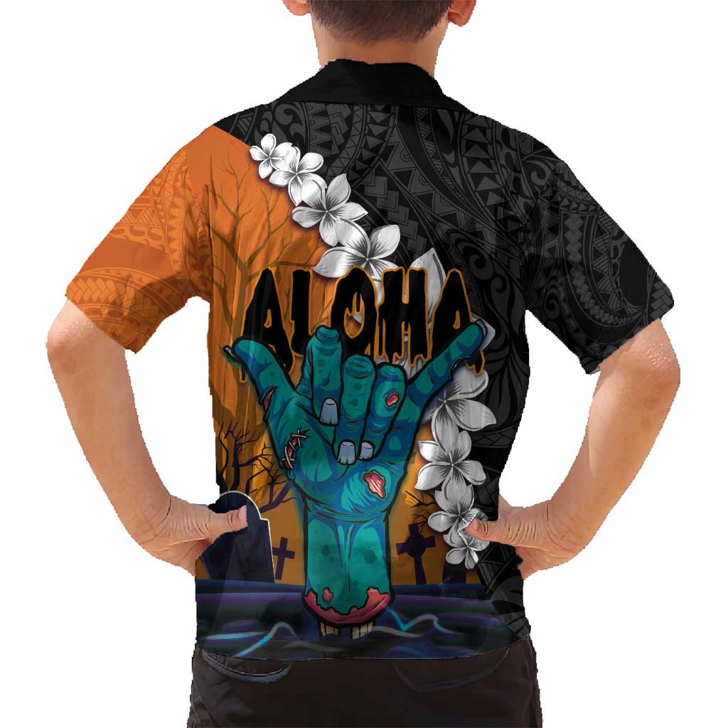 Hawaiian Halloween Family Matching Tank Maxi Dress and Hawaiian Shirt Horror Shaka Hand with Plumeria and Polynesian Tattoo Autumn Color LT03 - Polynesian Pride