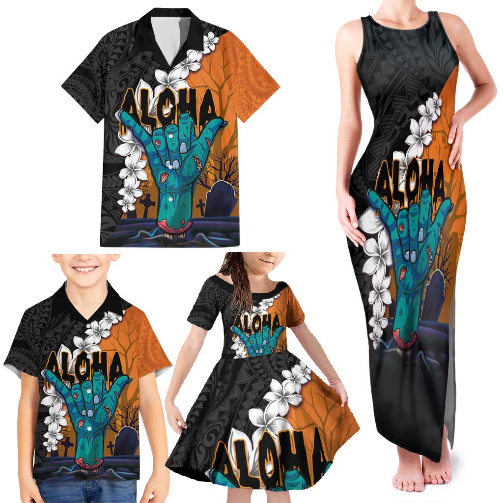 Hawaiian Halloween Family Matching Tank Maxi Dress and Hawaiian Shirt Horror Shaka Hand with Plumeria and Polynesian Tattoo Autumn Color LT03 - Polynesian Pride