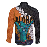 Hawaiian Halloween Family Matching Tank Maxi Dress and Hawaiian Shirt Horror Shaka Hand with Plumeria and Polynesian Tattoo Autumn Color LT03 - Polynesian Pride