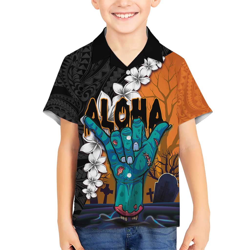 Hawaiian Halloween Kid Hawaiian Shirt Horror Shaka Hand with Plumeria and Polynesian Tattoo Autumn Color