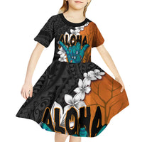 Hawaiian Halloween Kid Short Sleeve Dress Horror Shaka Hand with Plumeria and Polynesian Tattoo Autumn Color