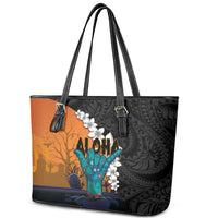 Hawaiian Halloween Leather Tote Bag Horror Shaka Hand with Plumeria and Polynesian Tattoo Autumn Color