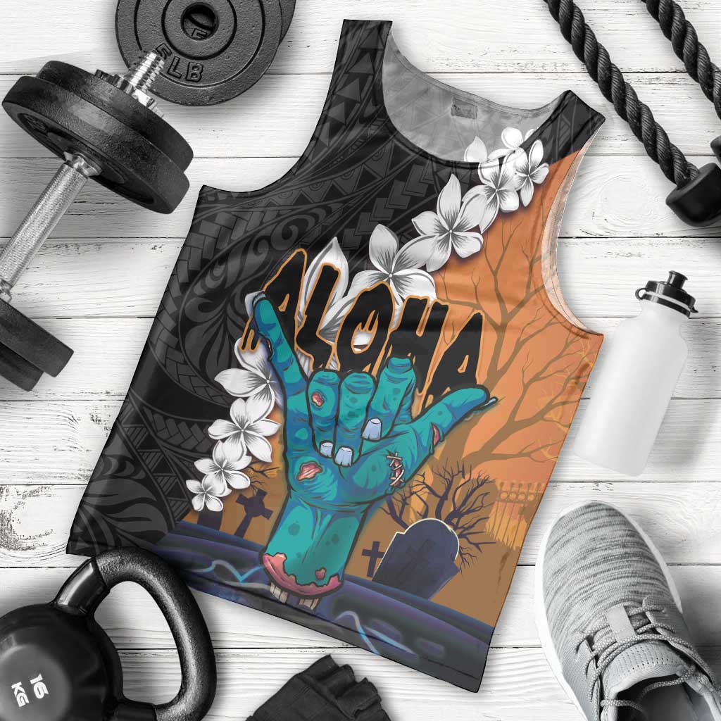 Hawaiian Halloween Men Tank Top Horror Shaka Hand with Plumeria and Polynesian Tattoo Autumn Color