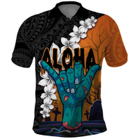 Hawaiian Halloween Polo Shirt Horror Shaka Hand with Plumeria and Polynesian Tattoo Autumn Color