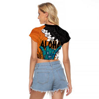 Hawaiian Halloween Raglan Cropped T Shirt Horror Shaka Hand with Plumeria and Polynesian Tattoo Autumn Color