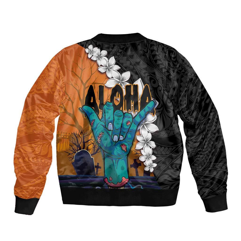 Hawaiian Halloween Sleeve Zip Bomber Jacket Horror Shaka Hand with Plumeria and Polynesian Tattoo Autumn Color