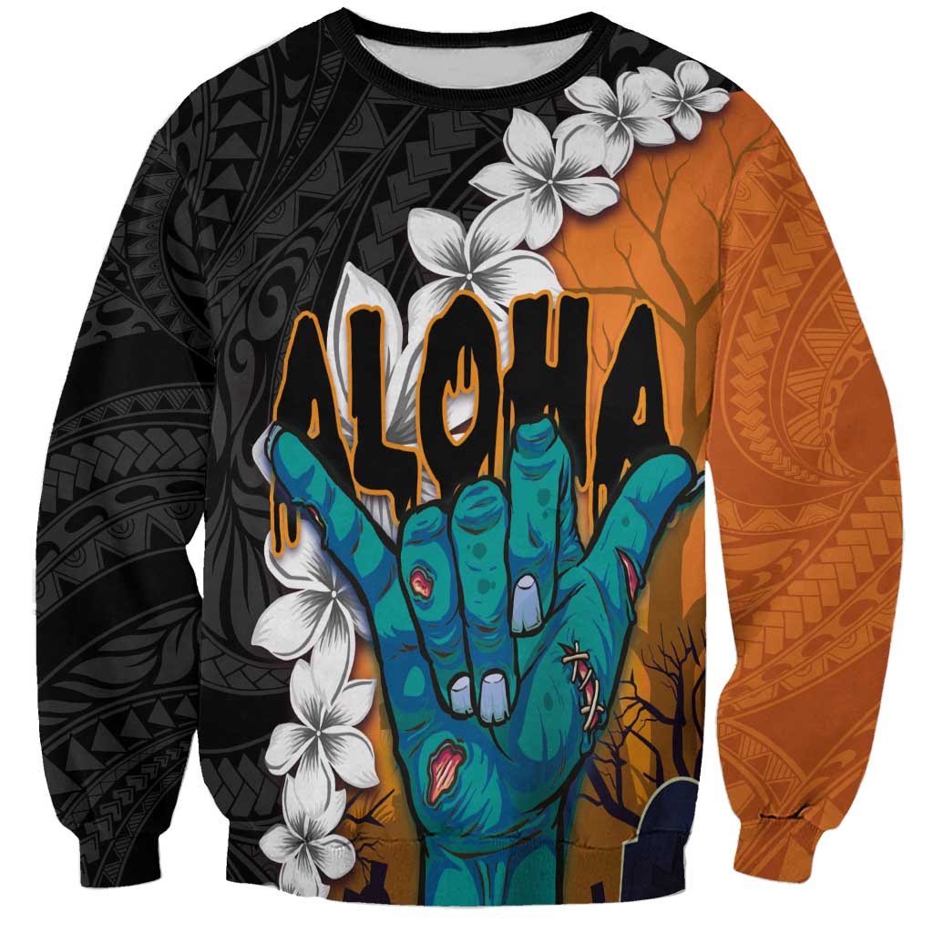 Hawaiian Halloween Sweatshirt Horror Shaka Hand with Plumeria and Polynesian Tattoo Autumn Color