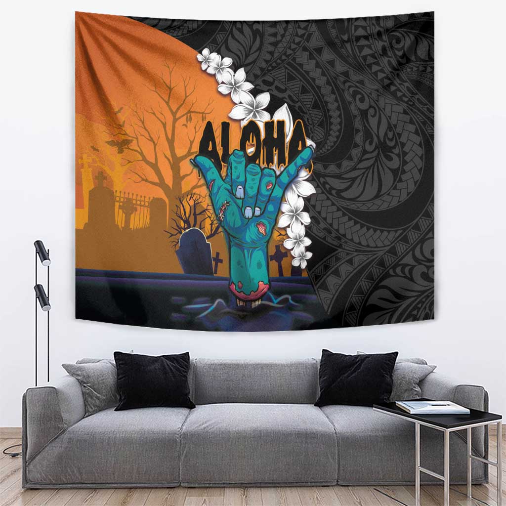 Hawaiian Halloween Tapestry Horror Shaka Hand with Plumeria and Polynesian Tattoo Autumn Color LT03 Orange - Polynesian Pride