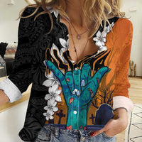 Hawaiian Halloween Women Casual Shirt Horror Shaka Hand with Plumeria and Polynesian Tattoo Autumn Color