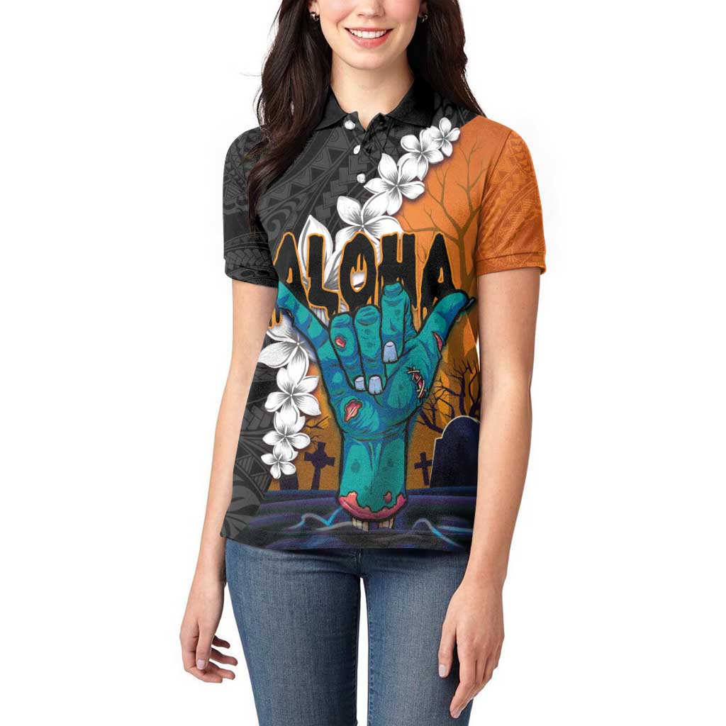Hawaiian Halloween Women Polo Shirt Horror Shaka Hand with Plumeria and Polynesian Tattoo Autumn Color