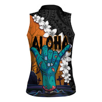Hawaiian Halloween Women Sleeveless Polo Shirt Horror Shaka Hand with Plumeria and Polynesian Tattoo Autumn Color