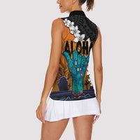 Hawaiian Halloween Women Sleeveless Polo Shirt Horror Shaka Hand with Plumeria and Polynesian Tattoo Autumn Color