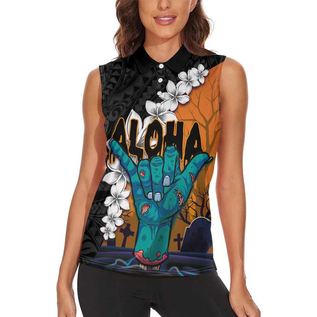 Hawaiian Halloween Women Sleeveless Polo Shirt Horror Shaka Hand with Plumeria and Polynesian Tattoo Autumn Color
