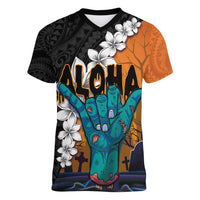 Hawaiian Halloween Women V-Neck T-Shirt Horror Shaka Hand with Plumeria and Polynesian Tattoo Autumn Color