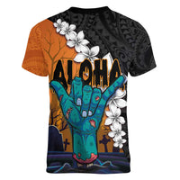 Hawaiian Halloween Women V-Neck T-Shirt Horror Shaka Hand with Plumeria and Polynesian Tattoo Autumn Color