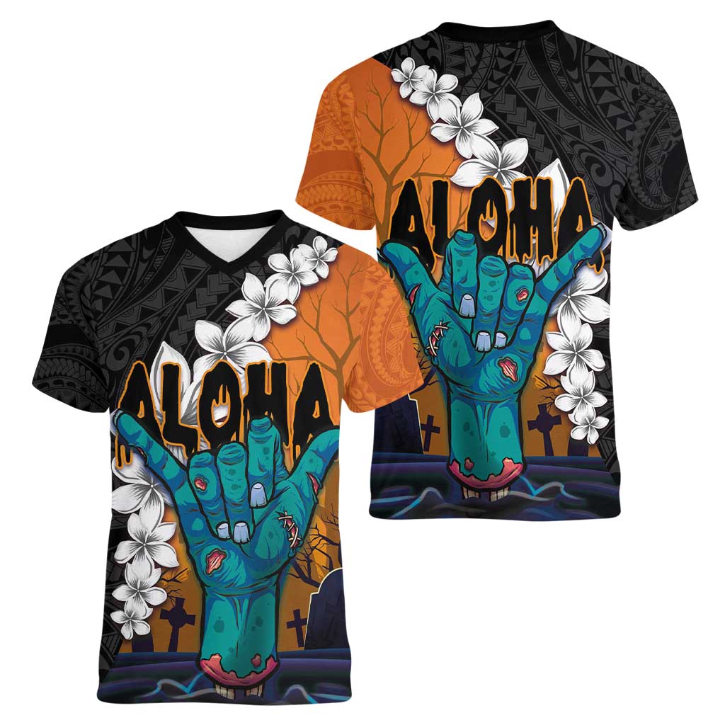 Hawaiian Halloween Women V-Neck T-Shirt Horror Shaka Hand with Plumeria and Polynesian Tattoo Autumn Color
