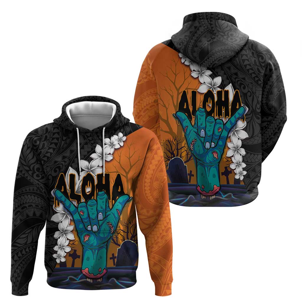 Hawaiian Halloween Zip Hoodie Horror Shaka Hand with Plumeria and Polynesian Tattoo Autumn Color