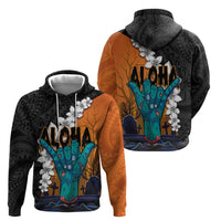 Hawaiian Halloween Zip Hoodie Horror Shaka Hand with Plumeria and Polynesian Tattoo Autumn Color