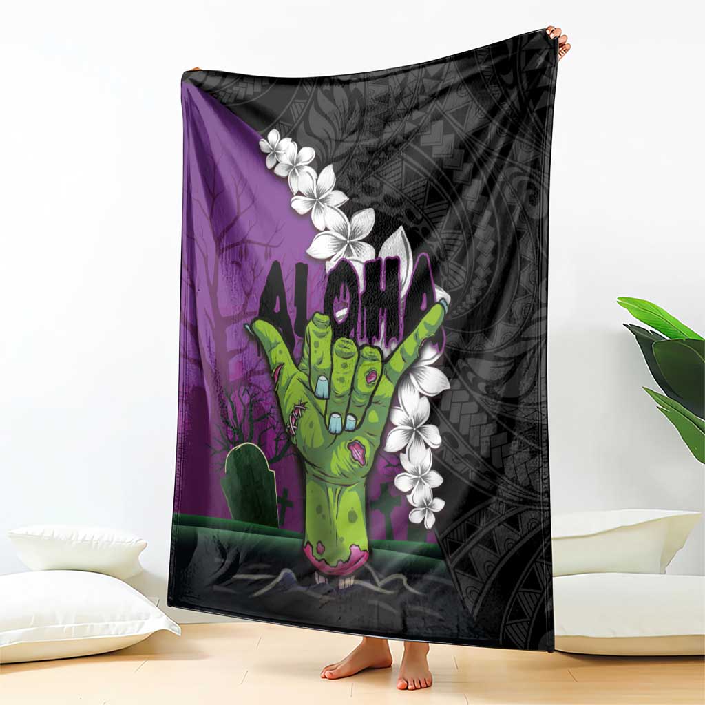 Hawaiian Halloween Blanket Horror Shaka Hand with Plumeria and Polynesian Tattoo Midnight Color