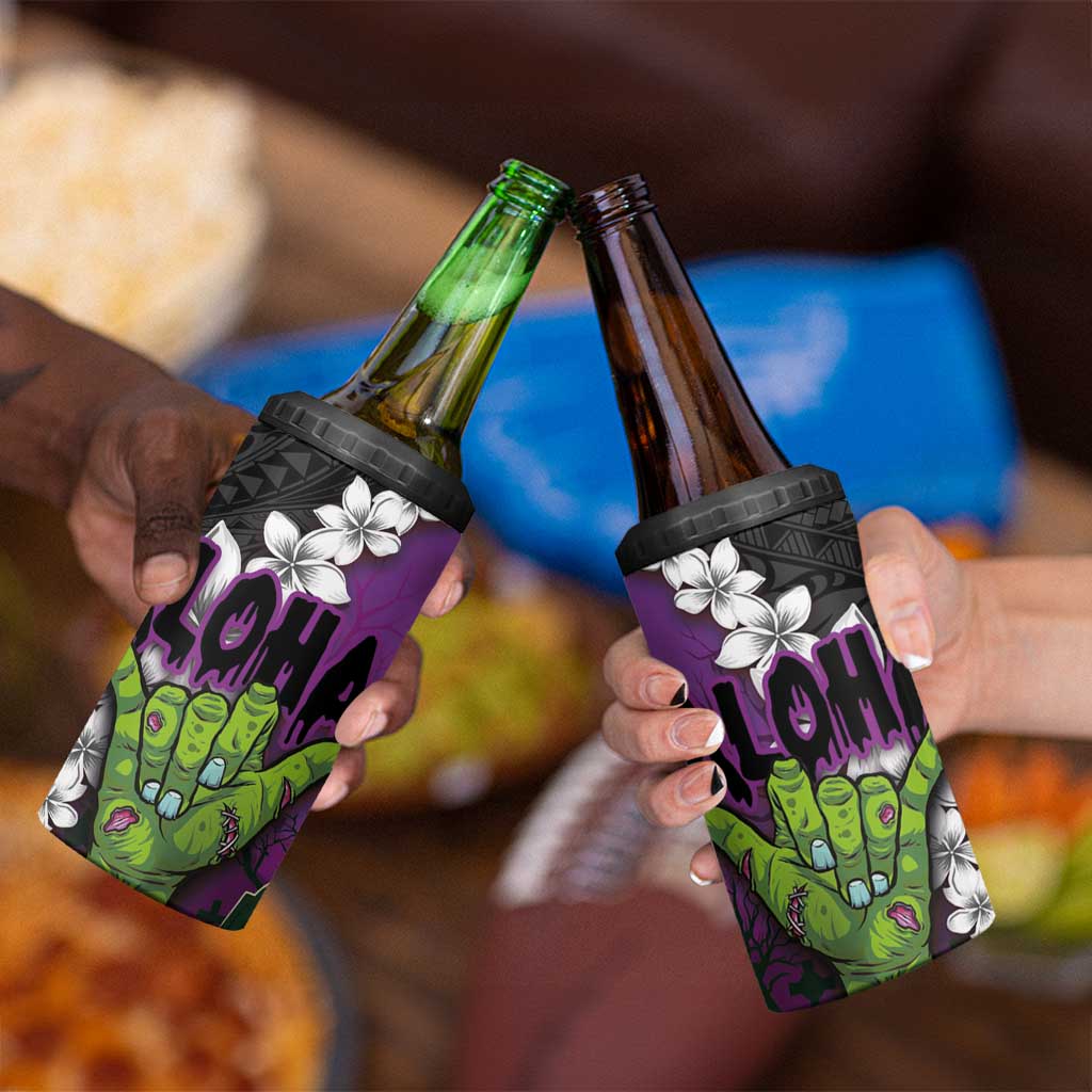 Hawaiian Halloween 4 in 1 Can Cooler Tumbler Horror Shaka Hand with Plumeria and Polynesian Tattoo Midnight Color