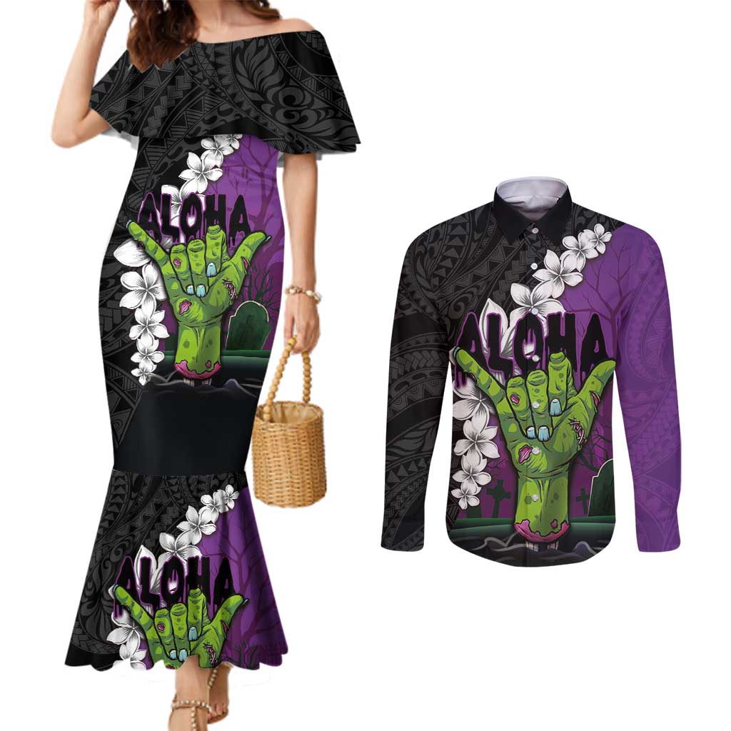 Hawaiian Halloween Couples Matching Mermaid Dress and Long Sleeve Button Shirt Horror Shaka Hand with Plumeria and Polynesian Tattoo Midnight Color