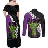 Hawaiian Halloween Couples Matching Off Shoulder Maxi Dress and Long Sleeve Button Shirt Horror Shaka Hand with Plumeria and Polynesian Tattoo Midnight Color