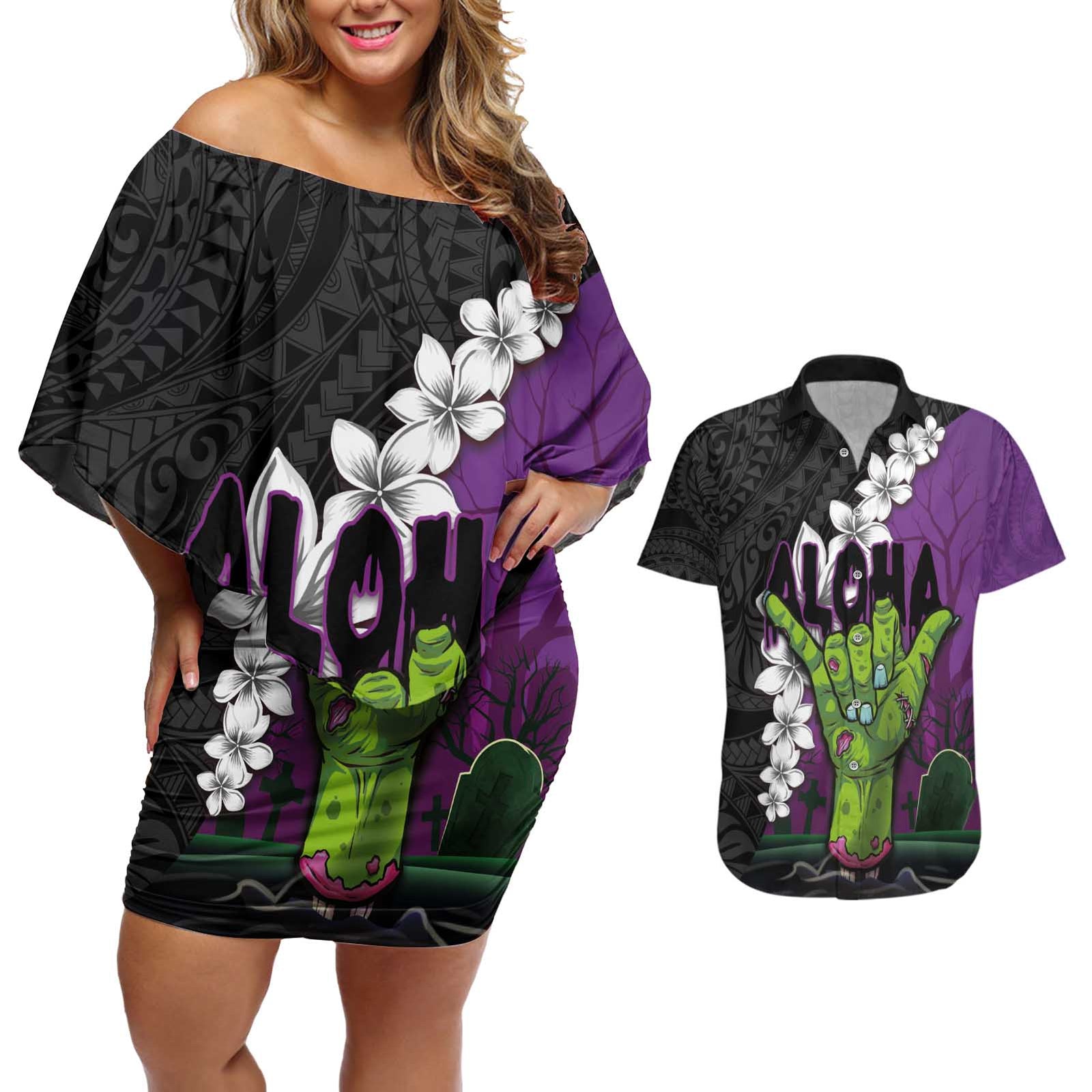 Hawaiian Halloween Couples Matching Off Shoulder Short Dress and Hawaiian Shirt Horror Shaka Hand with Plumeria and Polynesian Tattoo Midnight Color LT03 Purple - Polynesian Pride