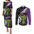 Hawaiian Halloween Couples Matching Puletasi and Long Sleeve Button Shirt Horror Shaka Hand with Plumeria and Polynesian Tattoo Midnight Color