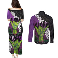Hawaiian Halloween Couples Matching Puletasi and Long Sleeve Button Shirt Horror Shaka Hand with Plumeria and Polynesian Tattoo Midnight Color