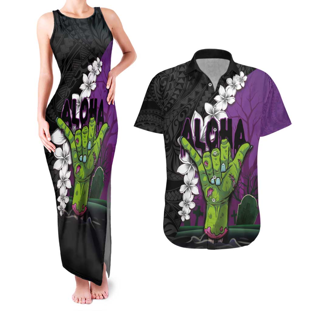 Hawaiian Halloween Couples Matching Tank Maxi Dress and Hawaiian Shirt Horror Shaka Hand with Plumeria and Polynesian Tattoo Midnight Color LT03 Purple - Polynesian Pride