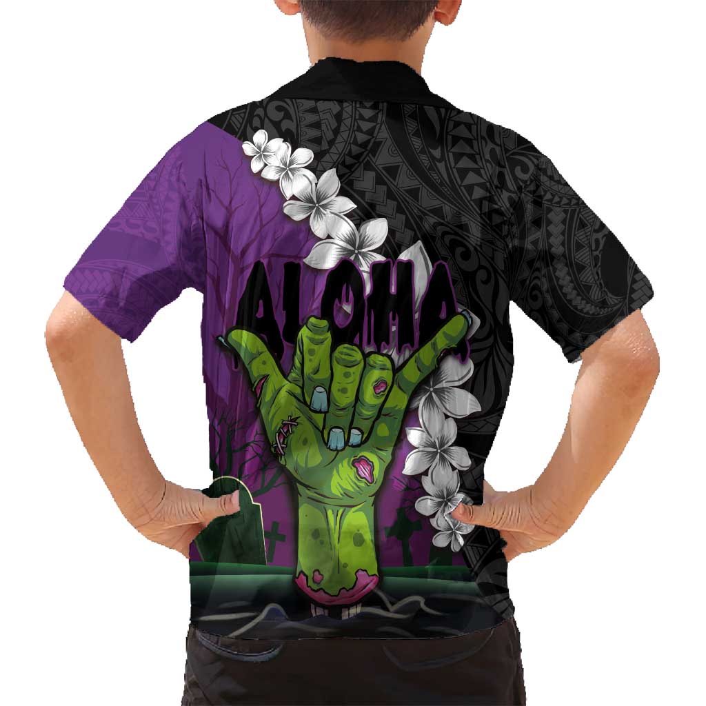 Hawaiian Halloween Family Matching Long Sleeve Bodycon Dress and Hawaiian Shirt Horror Shaka Hand with Plumeria and Polynesian Tattoo Midnight Color LT03 - Polynesian Pride