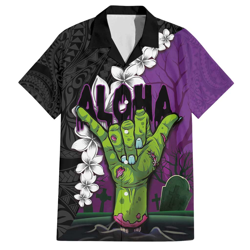 Hawaiian Halloween Family Matching Long Sleeve Bodycon Dress and Hawaiian Shirt Horror Shaka Hand with Plumeria and Polynesian Tattoo Midnight Color LT03 Dad's Shirt - Short Sleeve Purple - Polynesian Pride