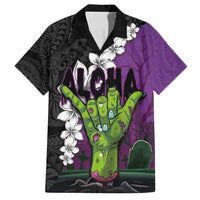 Hawaiian Halloween Family Matching Long Sleeve Bodycon Dress and Hawaiian Shirt Horror Shaka Hand with Plumeria and Polynesian Tattoo Midnight Color LT03 Dad's Shirt - Short Sleeve Purple - Polynesian Pride