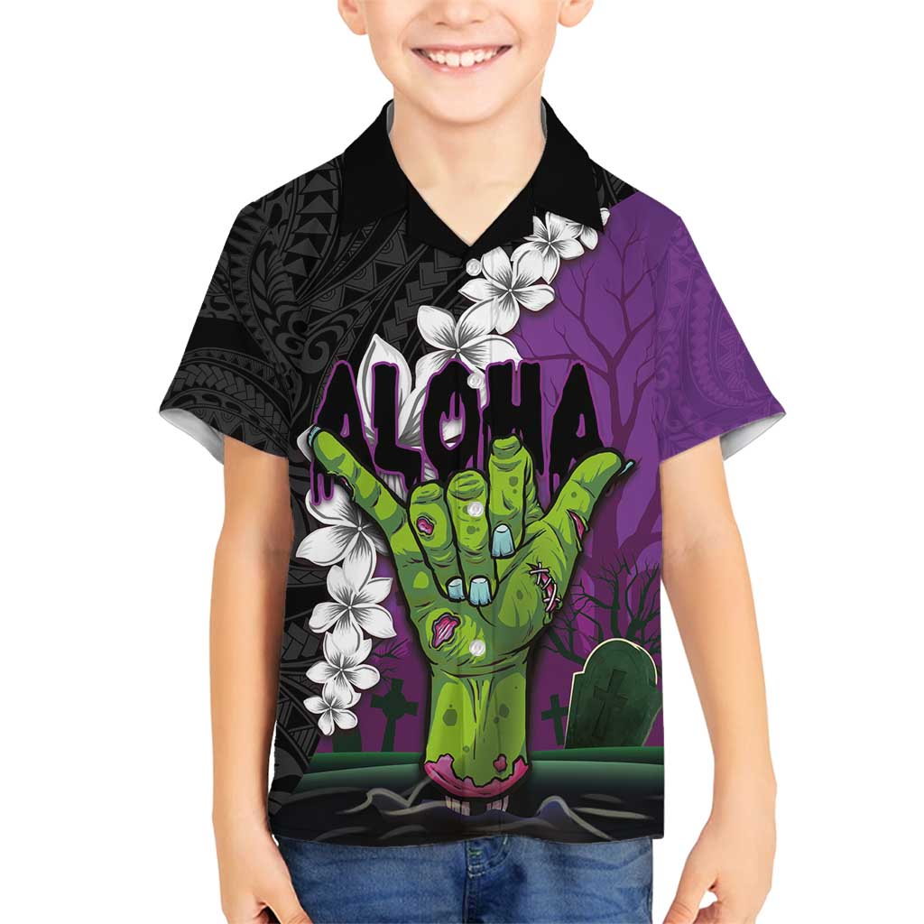 Hawaiian Halloween Family Matching Long Sleeve Bodycon Dress and Hawaiian Shirt Horror Shaka Hand with Plumeria and Polynesian Tattoo Midnight Color LT03 Son's Shirt Purple - Polynesian Pride