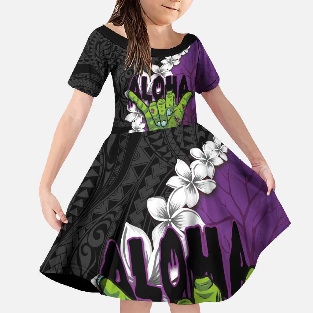 Hawaiian Halloween Family Matching Mermaid Dress and Hawaiian Shirt Horror Shaka Hand with Plumeria and Polynesian Tattoo Midnight Color LT03 Daughter's Dress Purple - Polynesian Pride