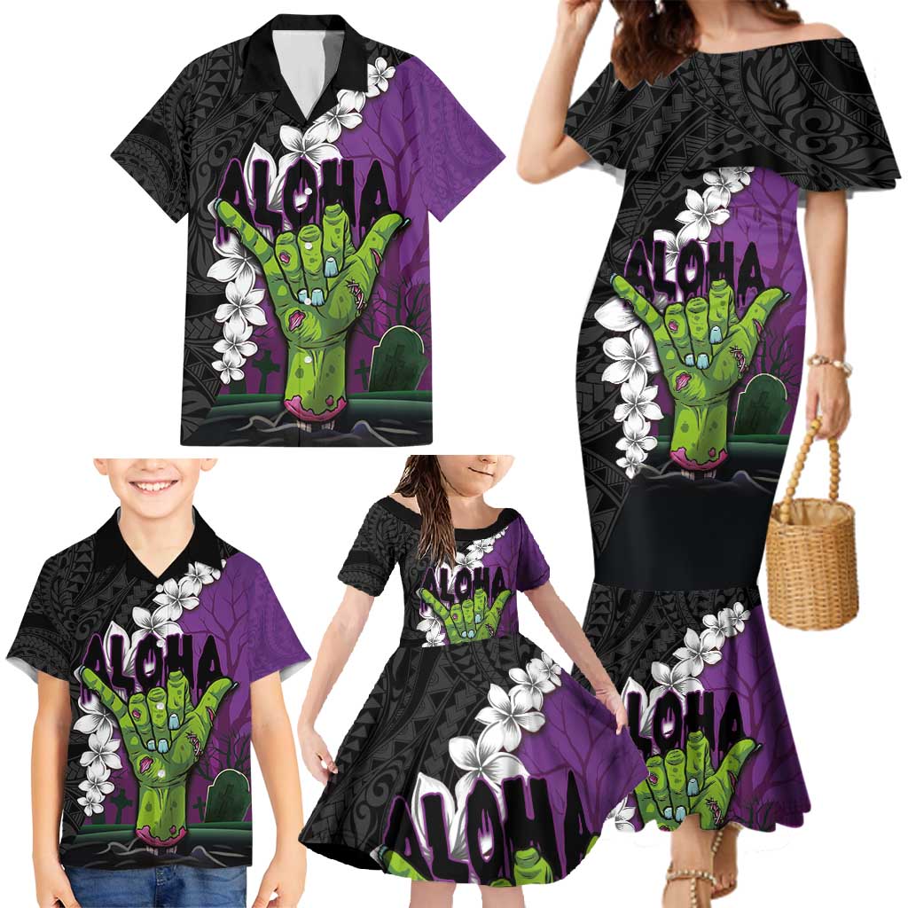 Hawaiian Halloween Family Matching Mermaid Dress and Hawaiian Shirt Horror Shaka Hand with Plumeria and Polynesian Tattoo Midnight Color LT03 - Polynesian Pride