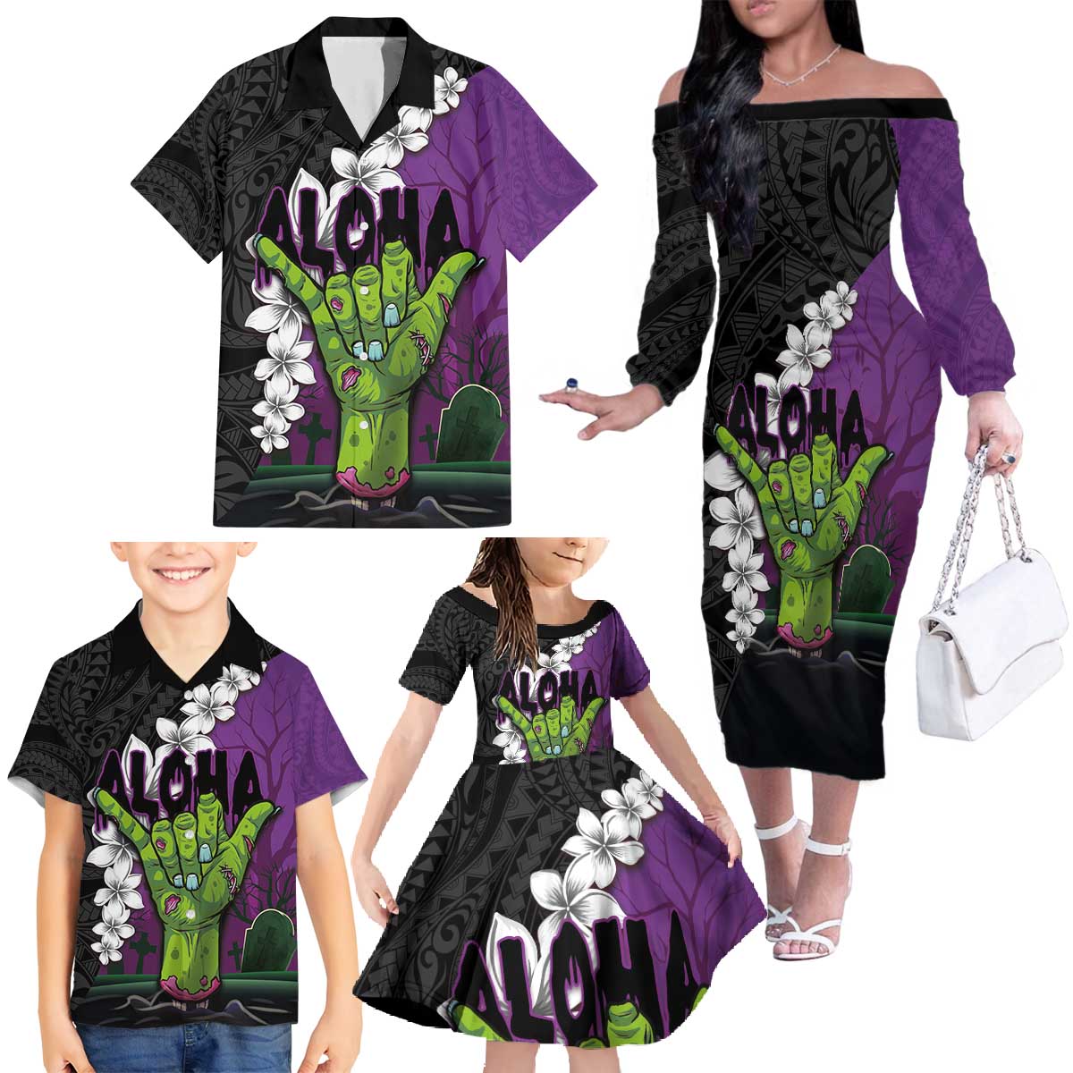 Hawaiian Halloween Family Matching Off The Shoulder Long Sleeve Dress and Hawaiian Shirt Horror Shaka Hand with Plumeria and Polynesian Tattoo Midnight Color LT03 - Polynesian Pride