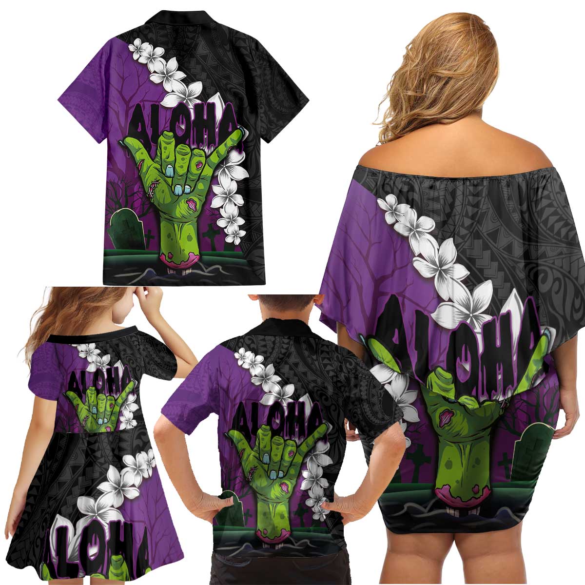 Hawaiian Halloween Family Matching Off Shoulder Short Dress and Hawaiian Shirt Horror Shaka Hand with Plumeria and Polynesian Tattoo Midnight Color