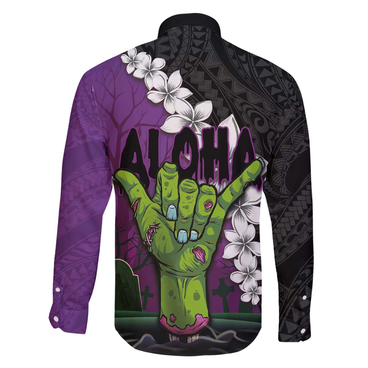 Hawaiian Halloween Family Matching Off Shoulder Short Dress and Hawaiian Shirt Horror Shaka Hand with Plumeria and Polynesian Tattoo Midnight Color