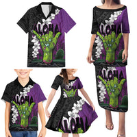 Hawaiian Halloween Family Matching Puletasi and Hawaiian Shirt Horror Shaka Hand with Plumeria and Polynesian Tattoo Midnight Color