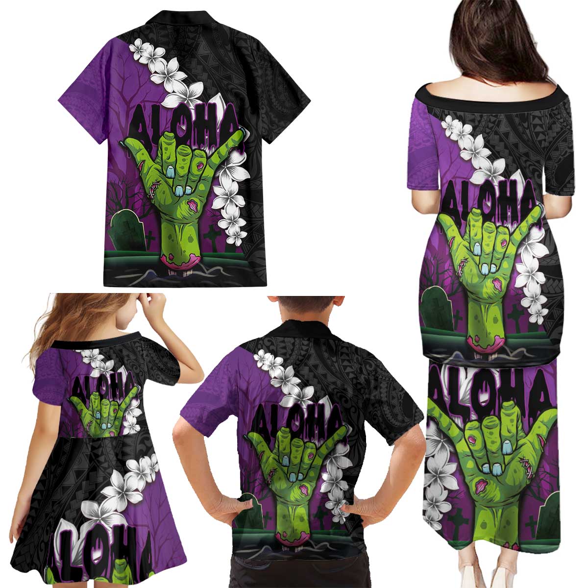 Hawaiian Halloween Family Matching Puletasi and Hawaiian Shirt Horror Shaka Hand with Plumeria and Polynesian Tattoo Midnight Color