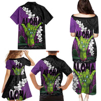 Hawaiian Halloween Family Matching Puletasi and Hawaiian Shirt Horror Shaka Hand with Plumeria and Polynesian Tattoo Midnight Color