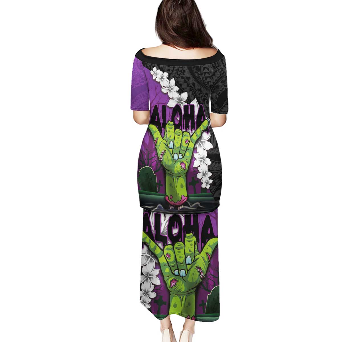 Hawaiian Halloween Family Matching Puletasi and Hawaiian Shirt Horror Shaka Hand with Plumeria and Polynesian Tattoo Midnight Color